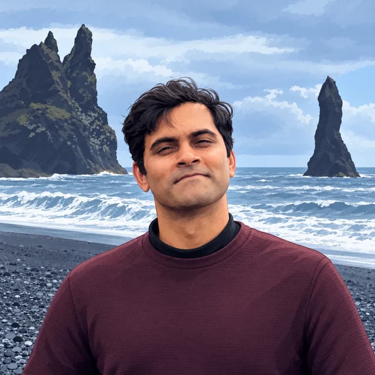 Cartoon portrait of Nahiyan K at a black-sand beach